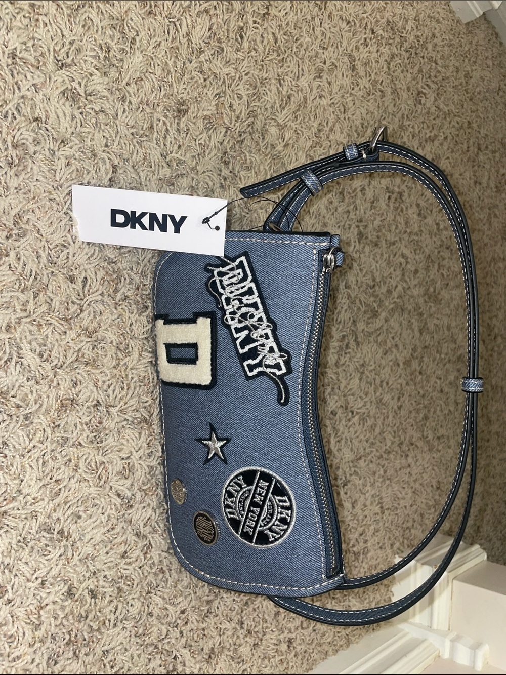 DKNY Denim Patchwork Mini Crossbody in Blue